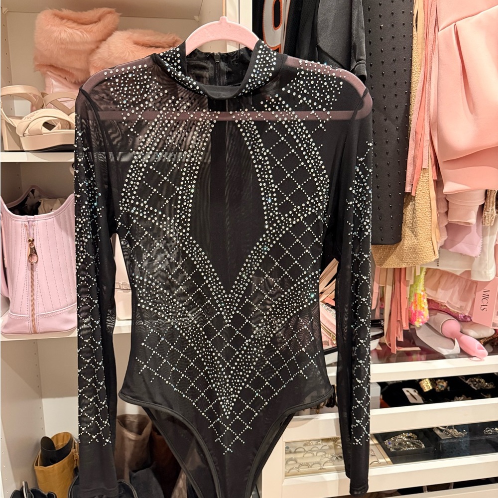 Black Mesh Rhinestone Bodysuit
